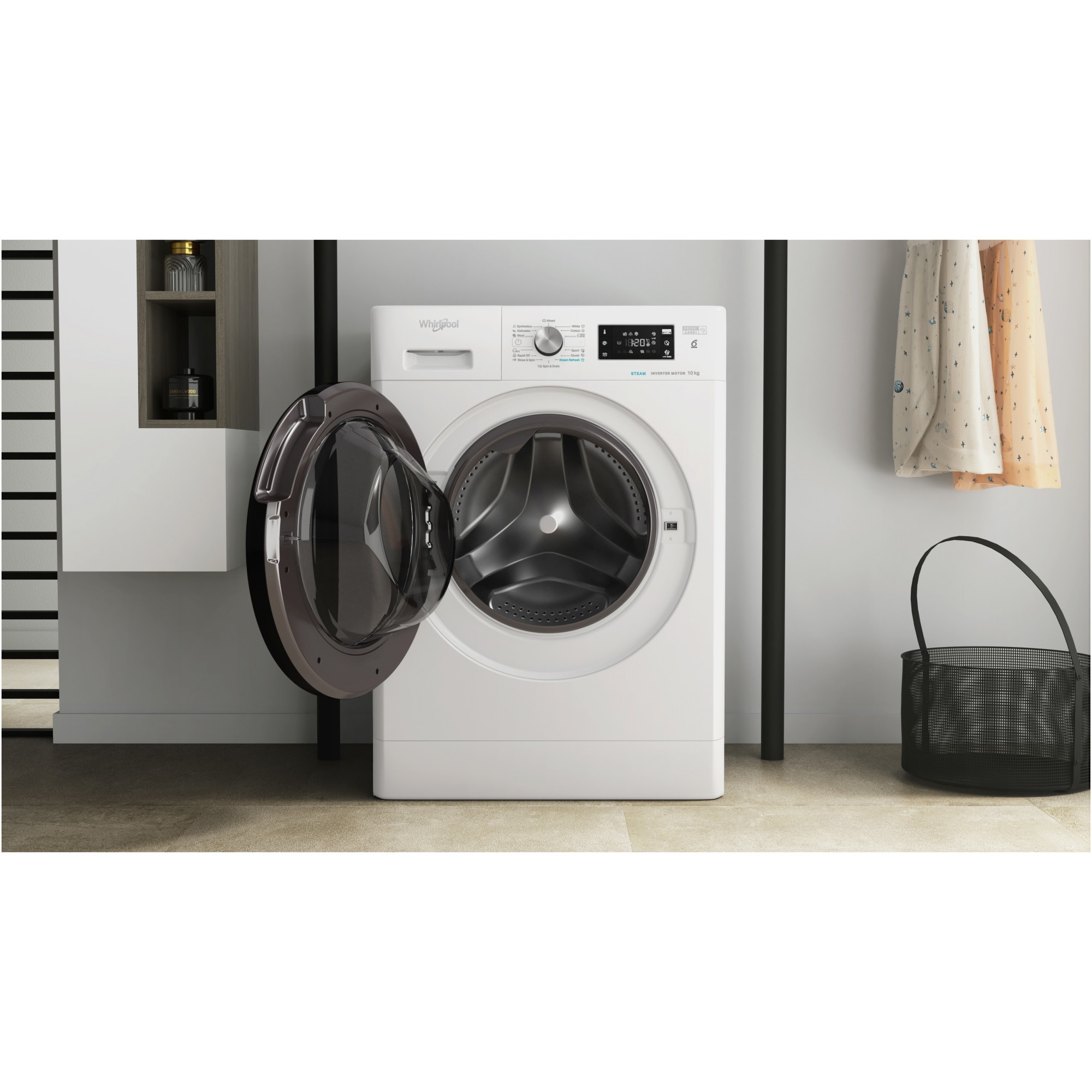 Masina de spalat rufe Whirlpool FreshCare+ FFB10469BVEE, 10kg, 1400 rpm, Clasa energetica A, Steam Refresh, Tehnologia al-6lea Simt, Motor Inverter, Alb/Negru