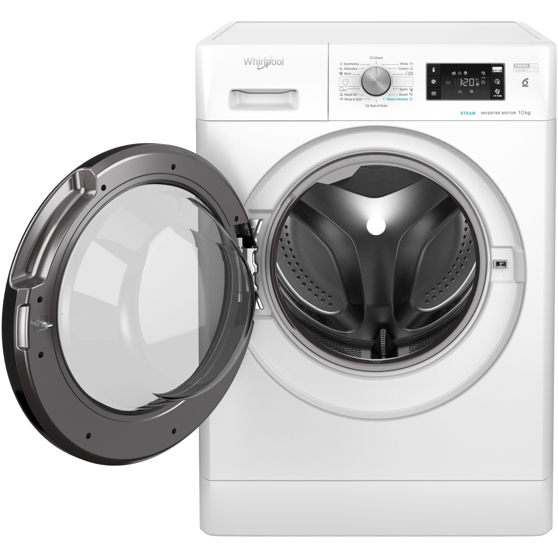 Masina de spalat rufe Whirlpool FreshCare+ FFB10469BVEE, 10kg, 1400 rpm, Clasa energetica A, Steam Refresh, Tehnologia al-6lea Simt, Motor Inverter, Alb/Negru