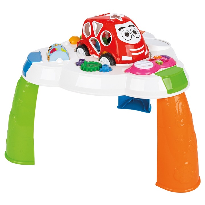 Masuta cu activitati pentru bebelusi Pilsan Learning Activity Play Table cu activitati de sortare, rotite motrice, telefon cu muzica si lumini si masinuta cu sortator incluse