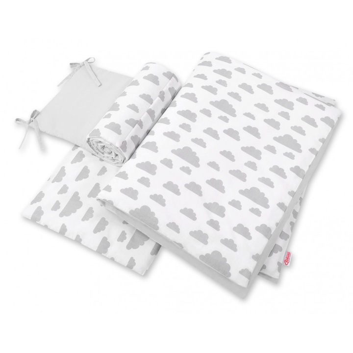 Lenjerie patut 3 piese cu protectie laterala si doua fete Clouds Gray