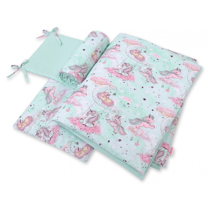 Lenjerie patut 3 piese cu protectie laterala Unicorn Mint