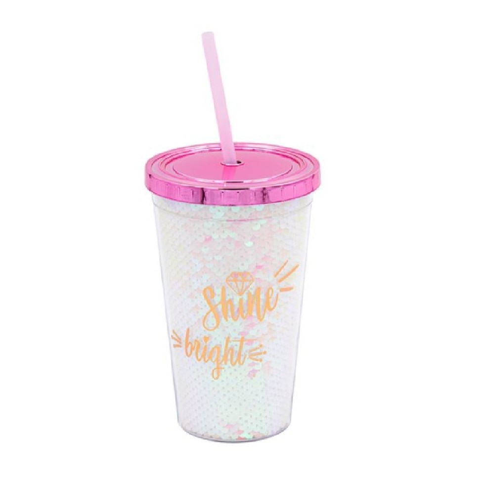 Чаша със сламка и холографски пайети, Shine bright, пластмаса, 500 ml ...