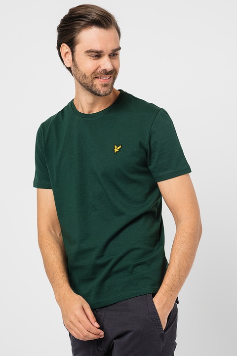 Lyle & Scott, Тениска с овално деколте и апликация, Тъмнозелен, 2XL