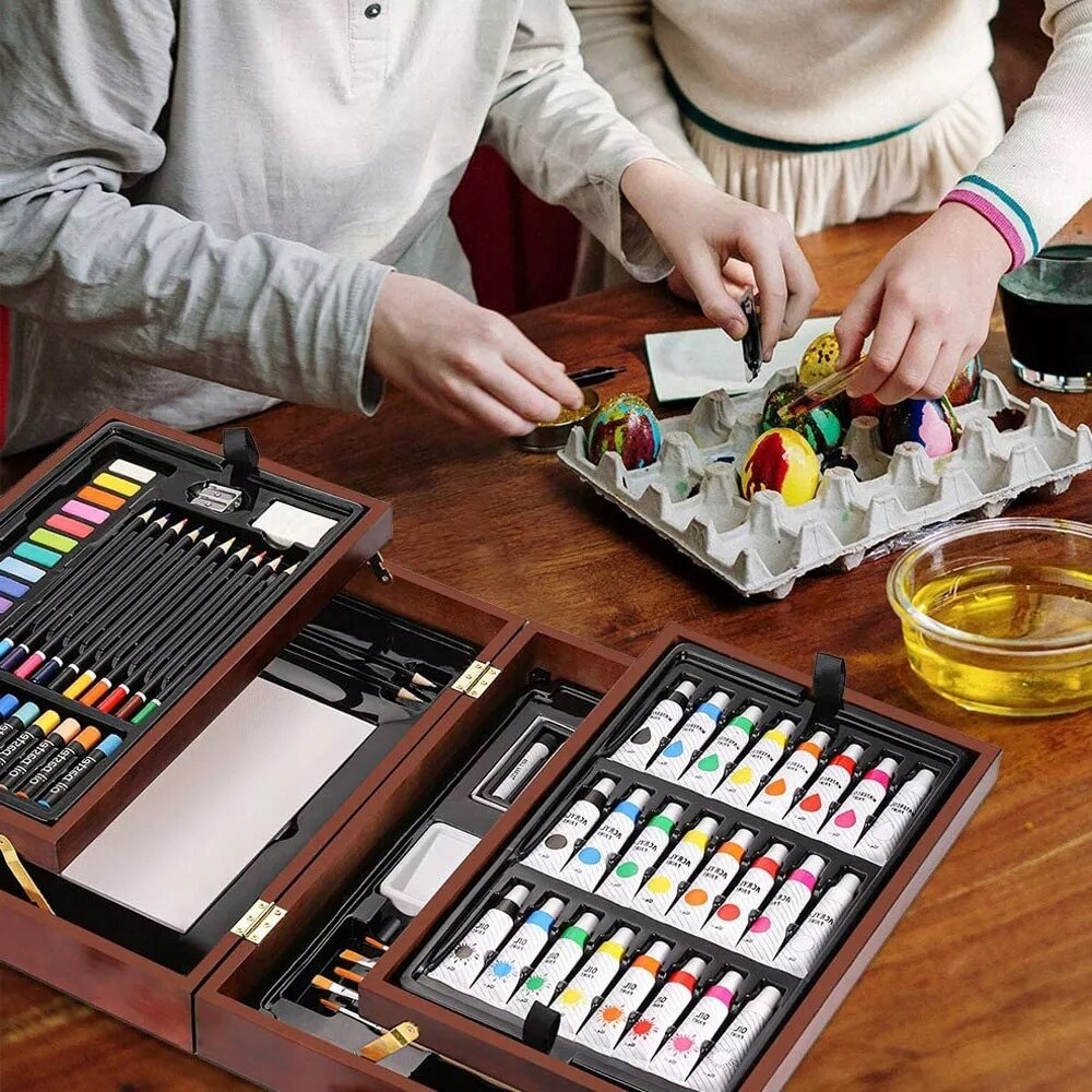 Set valiza si creioane colorate, 174 elemente, 3 ani+, Lemn, Maro