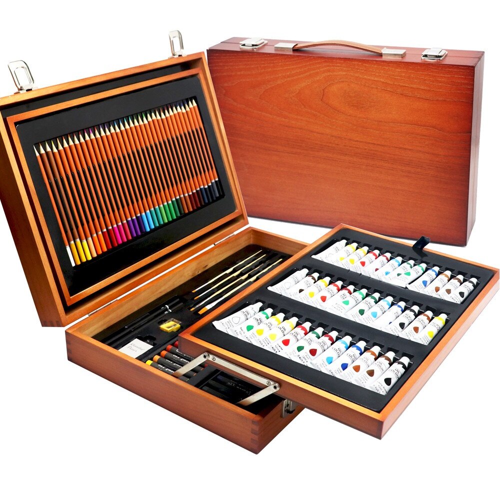 Set valiza si creioane colorate, 174 elemente, 3 ani+, Lemn, Maro