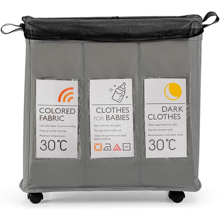 Cos de rufe cu 3 compartimente, deluxe, 52 x 46 x 26 cm, Gri, 120L