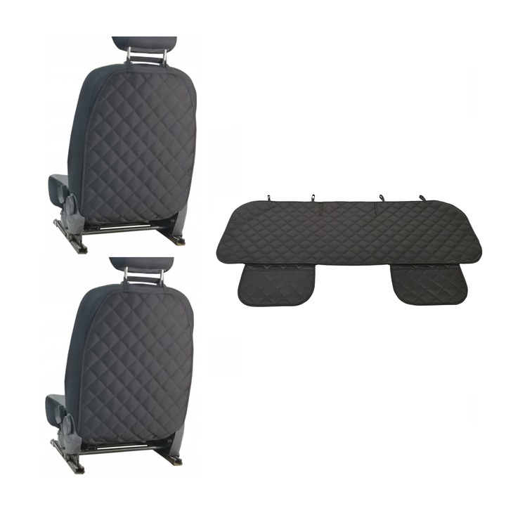 Set 3 protectii scaune auto, Metru Patrat, universale, negre, protectie matlasata pentru sezut bancheta spate cu 2 buzunare organizatoare si 2 protectii spatar scaun