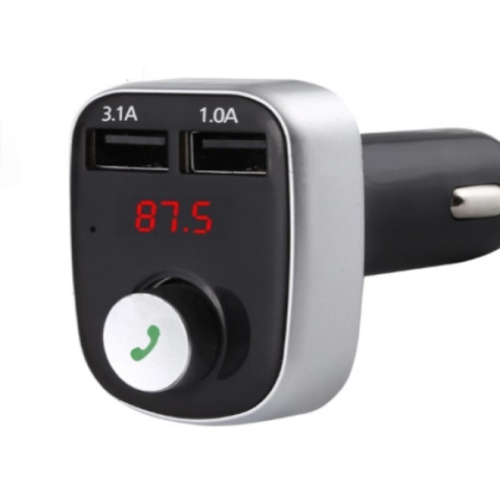 Modulator auto A20, Audio, mp3 player, dual USB, 3.1A, Bluetooth, FM, negru cu argintiu