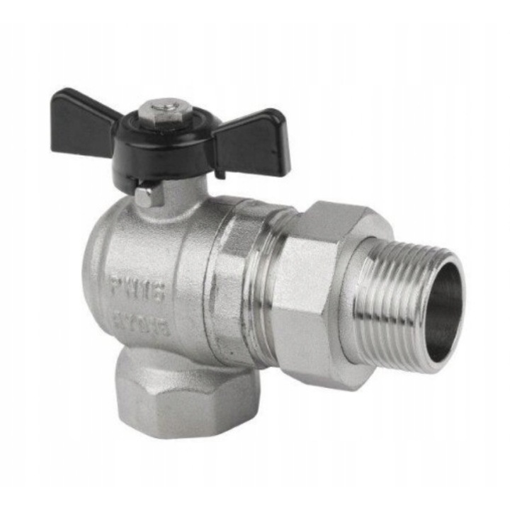 Vízgolyóscsap, sárgaréz/acél, 1 hüvelyk, ezüst/fekete