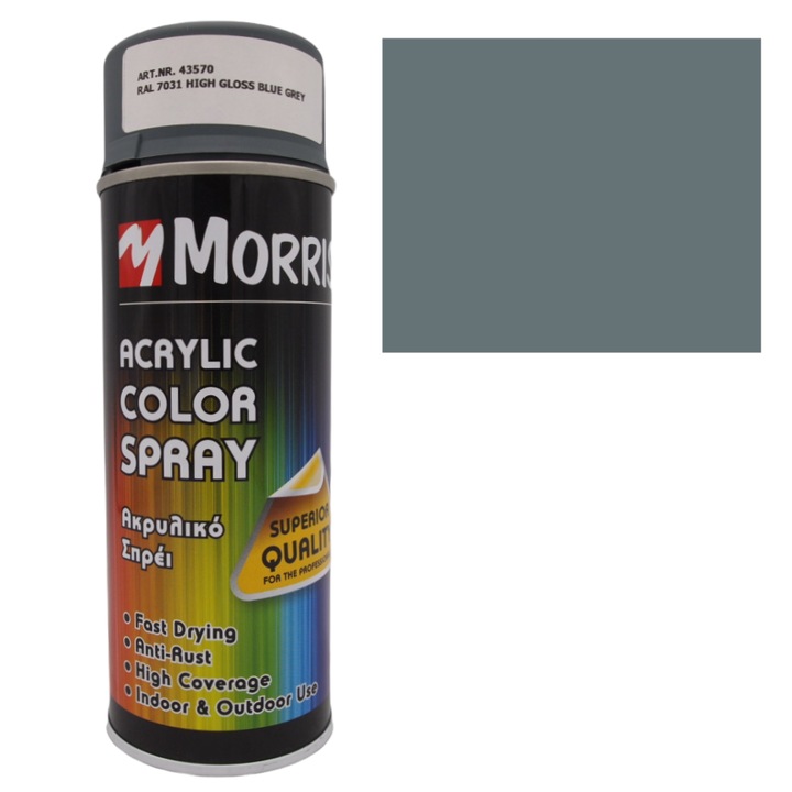 Morris festék spray, kékesszürke, RAL 7031-fényes, fa, fém, alumínium, üveg, kő és műanyag felületekre 400 ml