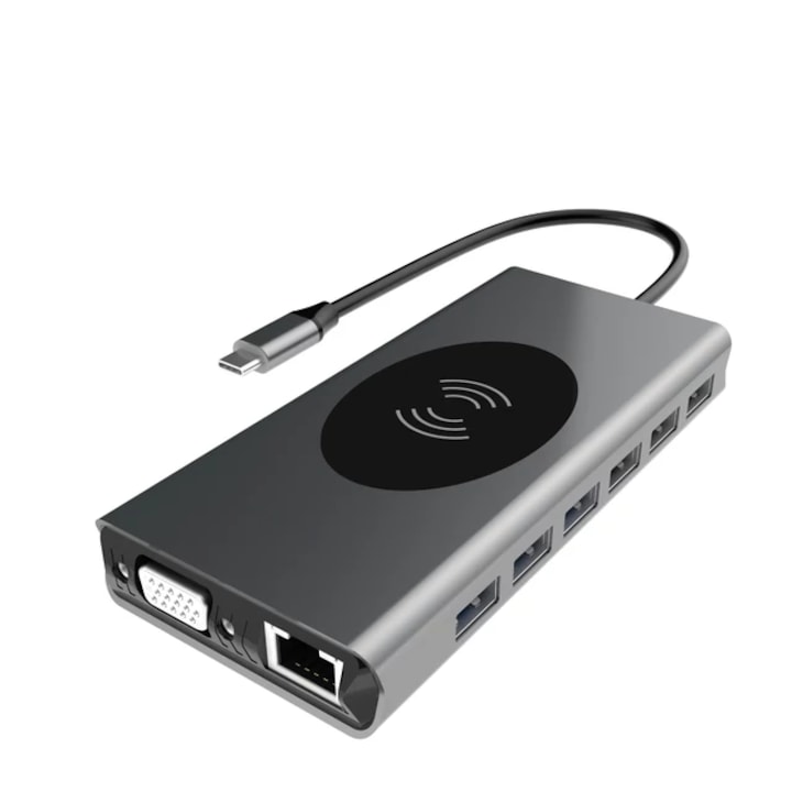 Statie de andocare USB C 15 in 1, HDMI, VGA, incarcator wirless, Gigabit Ethernet, 3 x usb 3.0, 4 x usb 2.0, cititor de carduri SD/TF, jack audio de 3,5 mm, port de incarcare de tip C, gri