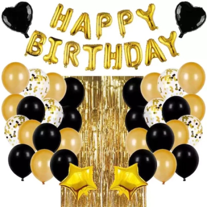 Set 54 baloane Happy Birthday, confetii, perdea decorativa, Negru / Auriu, 40cm