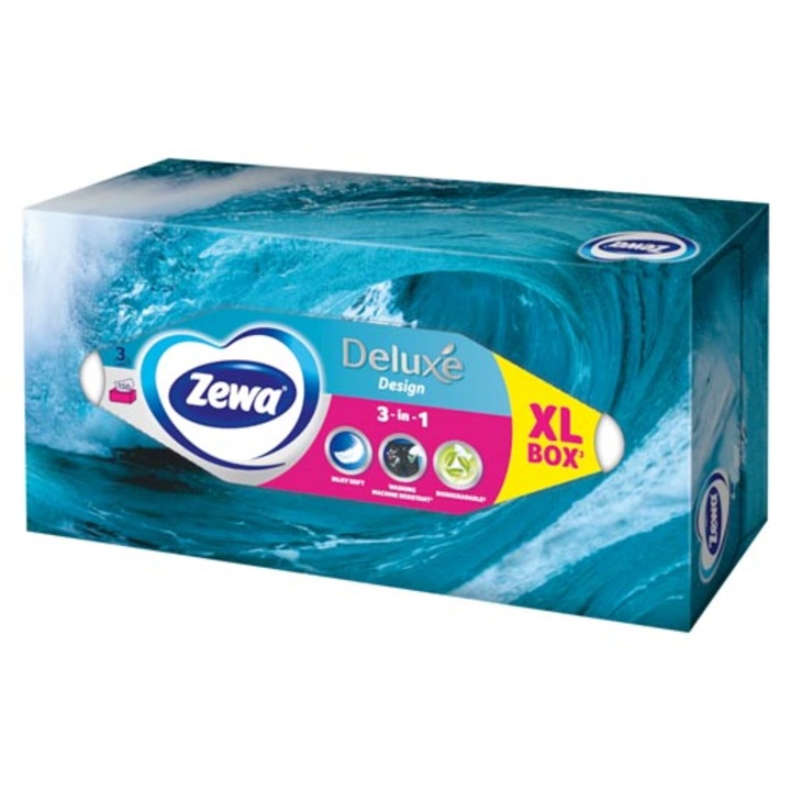 Zewa Deluxe Design dobozos illatmentes papír zsebkendő, 3 rétegű, 150 db, 1 doboz, véletlenszerű dizájn
