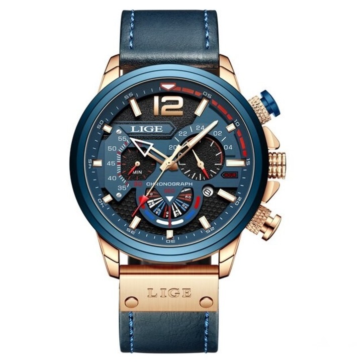 Мъжки часовник Lige Elegant Business Fashion Quartz Каишка от естествена кожа