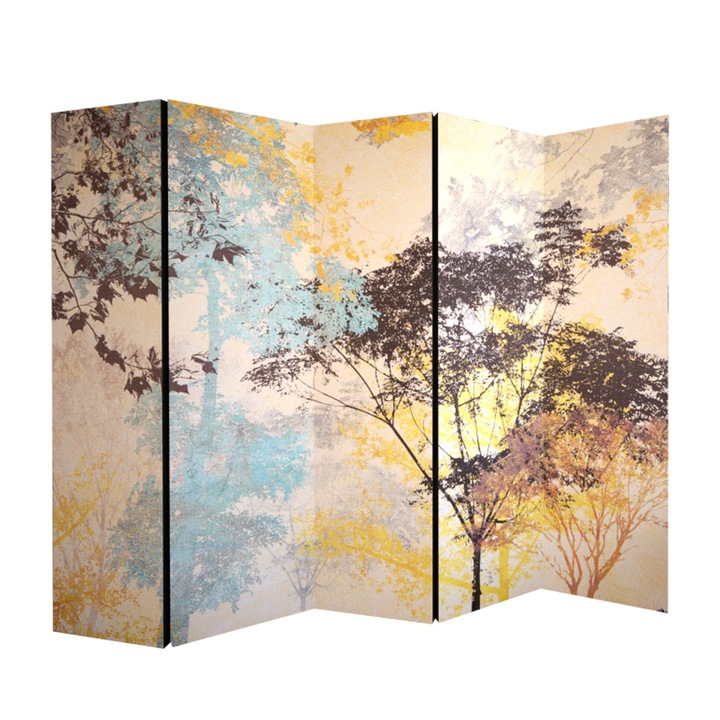 Paravan, Colors of Life, Lemn/Textil, Model Copaci, 225 x 172 cm, 5 piese, Multicolor