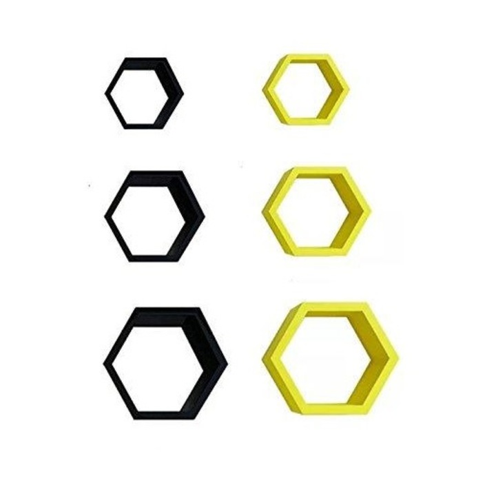 Set 6 rafturi de perete din lemn, in forma hexagonala, cu prindere ascunsa, Circus, galben/negru 37,5 x 32,5 x 9,5 cm, 32,5 x 28 x 9,5 cm, 27,5 x 24 x 9,5 cm