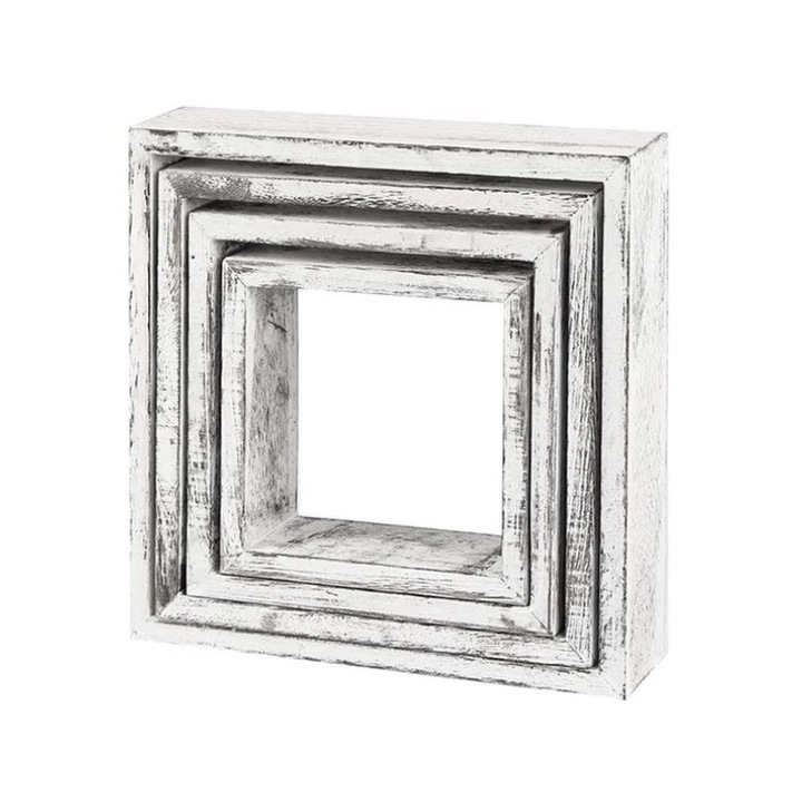 Set 4 rafturi patrate, Shabby Sheek Wood, 30.4x30.4x9.4 cm, alb antichizat