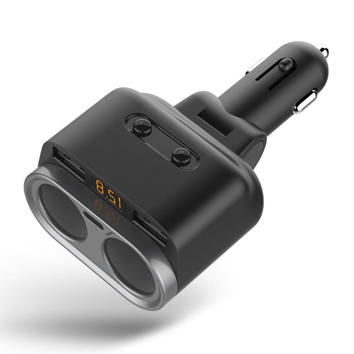 Autós töltő, 2 db USB 2.4A port, 2 db autós szivargyújtó csatlakozó, LED kijelző, fekete, C47