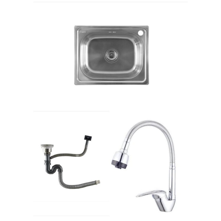 Set Chiuveta blat, 40x50, inox, cuva patrata, baterie lebada flexibila, sifon scurgere cap mare cu preaplin de 9mm, Raulconstruct, anticalcar cu izolatie