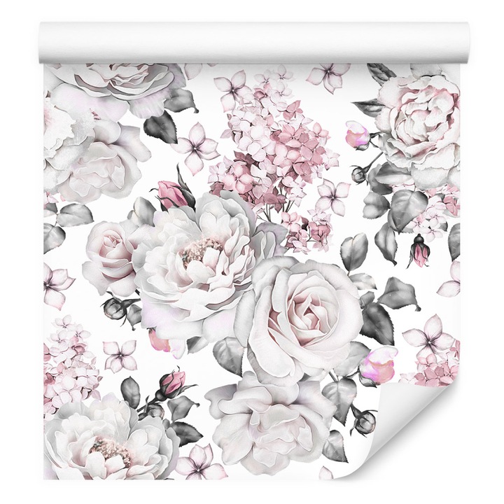 Tapet trandafiri bujori plante 53cm x 10m Vlies, Model floral, Flori de bujori, Decor creativ, Living