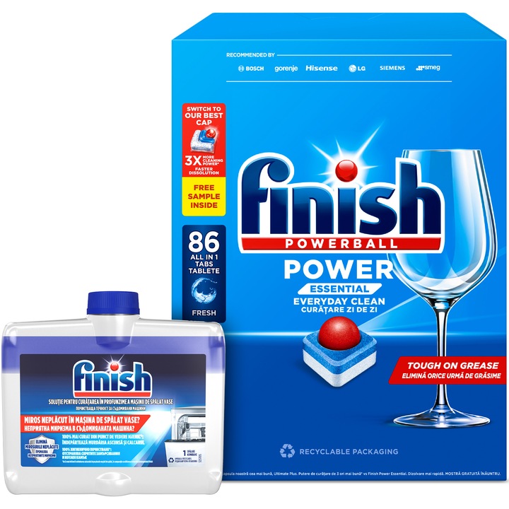 Pachet detergent capsule pentru masina de spalat vase Finish Power Essential, 86 tablete + Solutie de curatare Finish, 250 ml