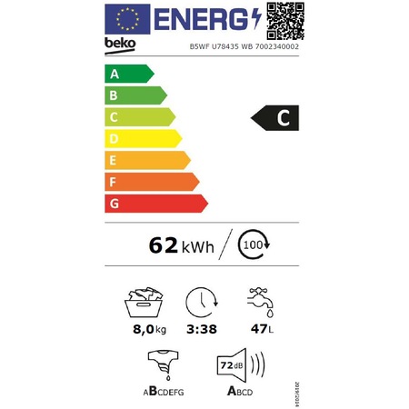 Masina de spalat rufe Beko B5WFU78435WB, 8 kg, 1400 RPM, Clasa C, HomeWhiz, SteamCure, AddGarment, Motor ProSmart Inverter, 60 cm, Alb