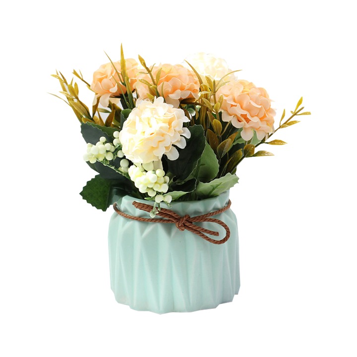Aranjament florar cu hortensii, vaza din ceramica Turcoaz, dimensiune 21/x24 cm