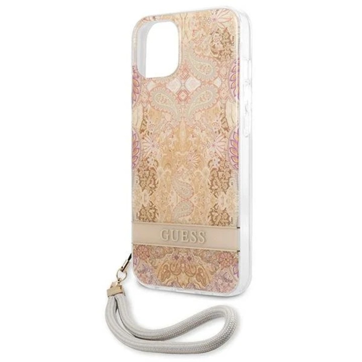 Husa Guess GUHCP13SHFLSD compatibila cu iPhone 13 Mini, Flower Strap, Gold