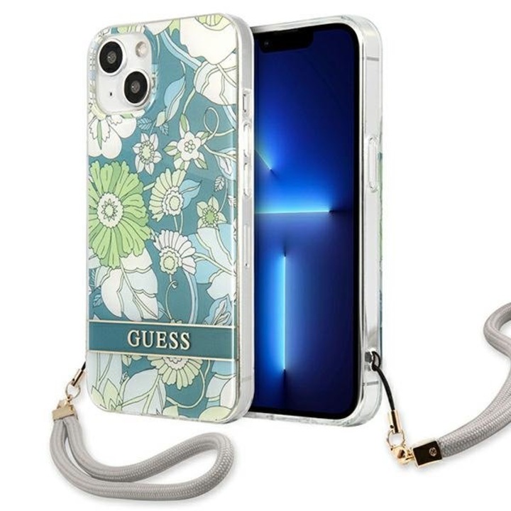 Husa Guess GUHCP13MHFLSN compatibila cu iPhone 13, Flower Strap, Verde