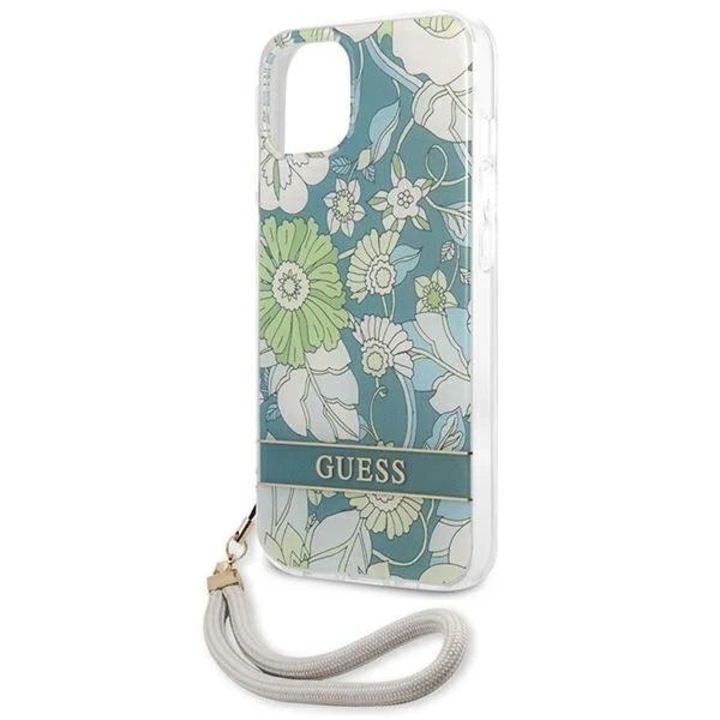 Husa Guess GUHCP13SHFLSN compatibila cu iPhone 13 Mini, Flower Strap, Verde