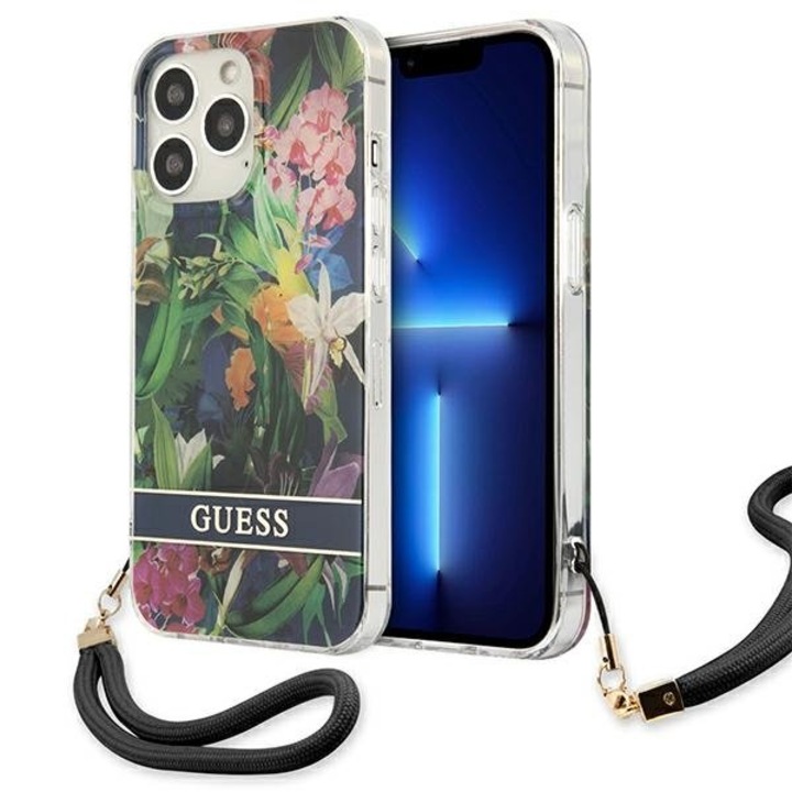 Husa Guess GUHCP13XHFLSB compatibila cu iPhone 13 Pro Max, Flower Strap, Albastru