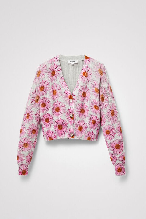 Pulover cu guler in V si imprimeu floral, Desigual, Regular fit