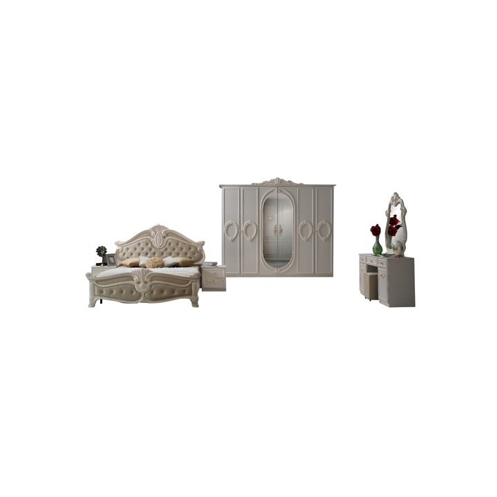 Dormitor complet Furn 16, 160 x 200 cm, pat, dulap, 2 noptiere, comoda, noptiera si saltea