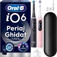 Set 2 x Periuta de dinti electrica Oral-B iO6, cu Tehnologie Magnetica si Micro-Vibratii, Inteligenta artificiala, Display led interactiv, Senzor de presiune Smart, Timer vizibil, 5 moduri, 1 capat, Negru si Roz