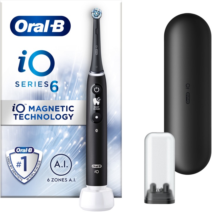 Periuta de dinti electrica Oral-B iO6 cu Tehnologie Magnetica si Micro-Vibratii, Inteligenta artificiala, Display led interactiv, Senzor de presiune Smart, Timer vizibil, 5 moduri, 1 capat, Trusa de calatorie, Negru