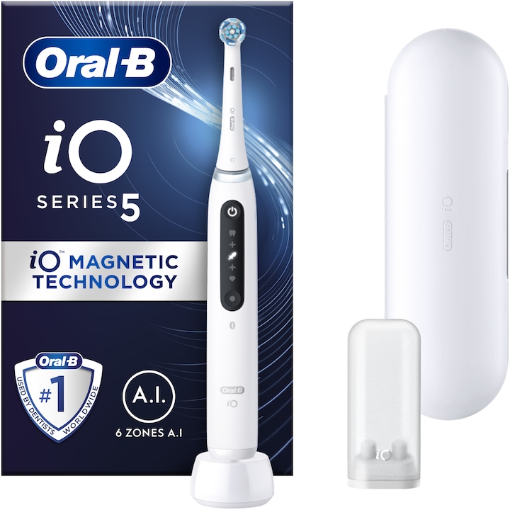 Ел. четка за зъби Oral-B iO 5, Магнитна технология и микро вибрации, Изкуствен интелект, Интерактивен дисплей, Смарт сензор за натиск, 5 режима, 1 накрайник, Комплект за пътуване, Бял