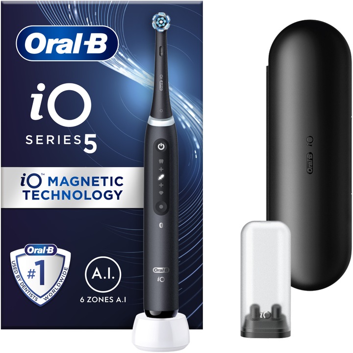 Periuta de dinti electrica Oral-B iO5 cu Tehnologie Magnetica si Micro-Vibratii, Inteligenta artificiala, Display conversational, Senzor de presiune Smart, 5 moduri, 1 capat, Trusa de calatorie, Negru