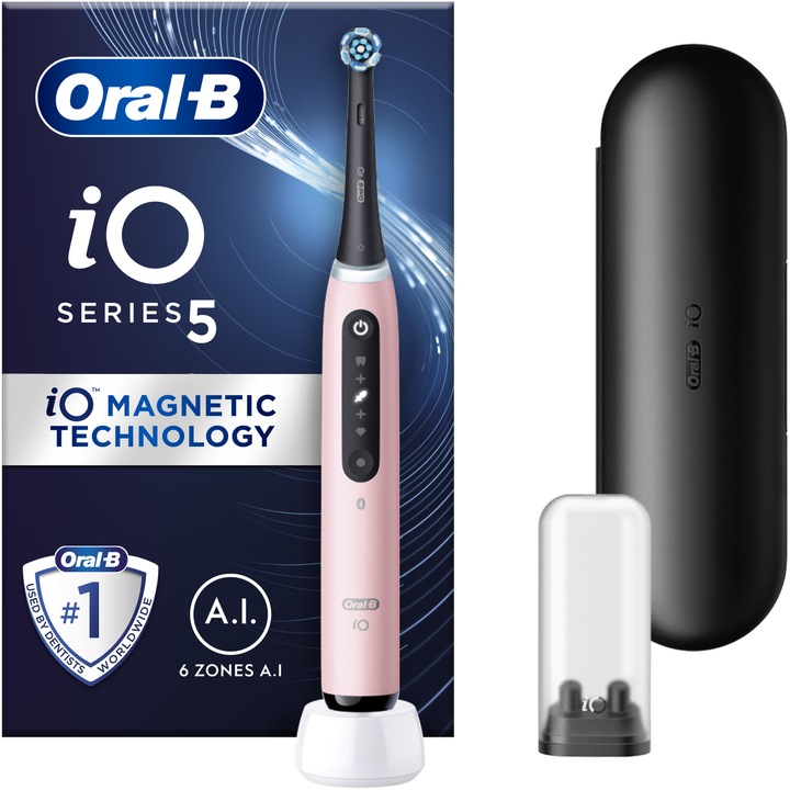 Periuta de dinti electrica Oral-B iO5 cu Tehnologie Magnetica si Micro-Vibratii, Inteligenta artificiala, Display conversational, Senzor de presiune Smart, 5 moduri, 1 capat, Trusa de calatorie, Roz