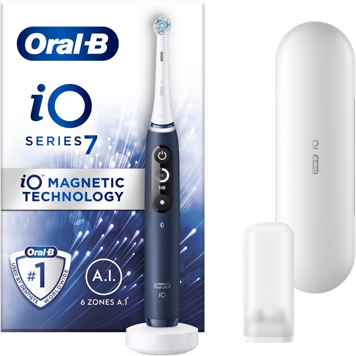 Periuta de dinti electrica Oral-B iO7 cu Tehnologie Magnetica si Micro-Vibratii, Inteligenta artificiala, Display led interactiv, Senzor de presiune Smart, Timer vizibil, 5 moduri, 1 capat, Suport rezerve, Incarcator magnetic, Trusa de calatorie, Albastru