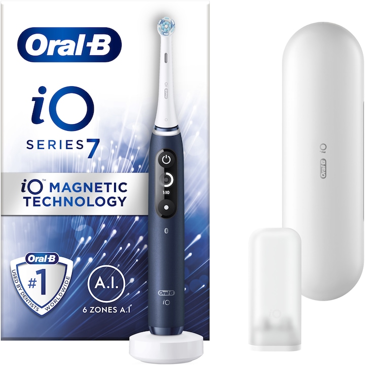 Ел. четка за зъби Oral-B iO7, Магнитна технология и микро вибрации, Изкуствен интелект, Интерактивен LED дисплей, Смарт сензор за натиск, Видим таймер, 5 режима, 1 накрайник, Магнитно зарядно устройство, Комплект за пътуване, Син