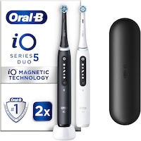 Set 2 x Periuta de dinti electrica Oral-B iO5 cu Tehnologie Magnetica si Micro-Vibratii, Inteligenta artificiala, Display conversational, Senzor de presiune Smart, 5 moduri, 2 capete, 1 incarcator, Alb/Negru