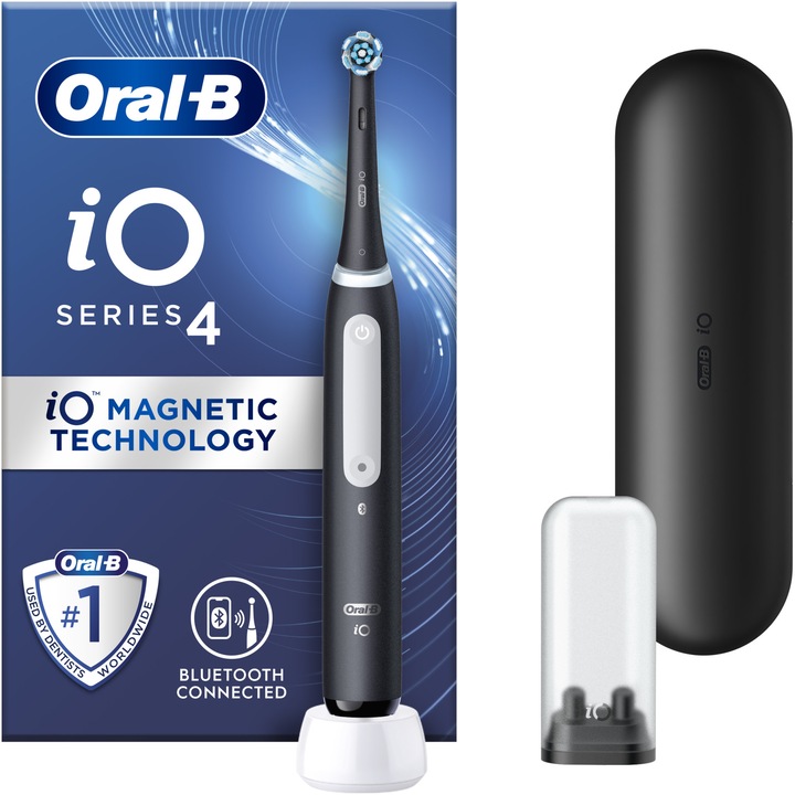 Periuta de dinti electrica Oral-B iO4 cu Tehnologie Magnetica si Micro-Vibratii,, Senzor de presiune Smart, 4 moduri, 1 capat, Trusa de calatorie, Negru