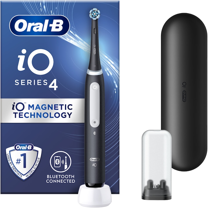 Ел. четка за зъби Oral-B iO 4, Магнитна технология и микро вибрации, Смарт сензор за натиск, 4 режима, 1 накрайник, Комплект за пътуване, Черен