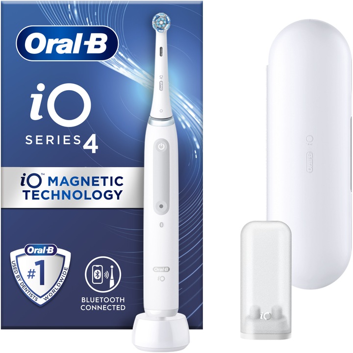 Periuta de dinti electrica Oral-B iO4 cu Tehnologie Magnetica si Micro-Vibratii, Senzor de presiune Smart, 4 moduri, 1 capat, Trusa de calatorie, Alb