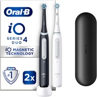 Set 2 x Periuta de dinti electrica Oral-B iO4 cu Tehnologie Magnetica si Micro-Vibratii, Senzor de presiune Smart, 4 moduri, 2 capete, Trusa de calatorie, Alb/Negru