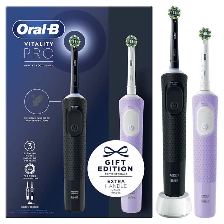 Комплект 2 x Ел. четки за зъби Oral-B Vitality Pro, 2D почистване, 3 програми, 1 зарядно устройство, 2 накрайника, Черен/Лилав