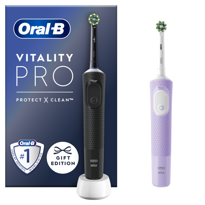 2 db Oral-B Vitality Pro elektromos fogkefe készlet, 2D tisztítás, 3 program, 1 töltő, 2 fej, fekete/lila