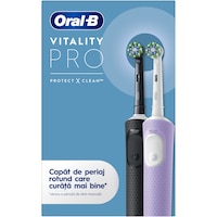 Set 2 x Periuta de dinti electrica Oral-B Vitality Pro, Curatare 2D, 3 programe, 1 Incarcator, 2 Capete, Negru/Violet