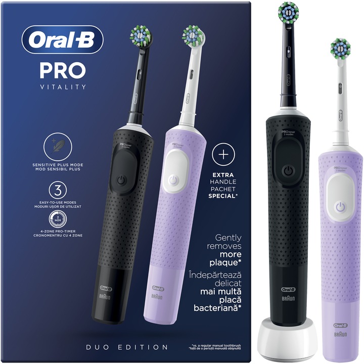 Комплект 2 x Ел. четки за зъби Oral-B Vitality Pro, 2D почистване, 3 програми, 1 зарядно устройство, 2 накрайника, Черен/Лилав
