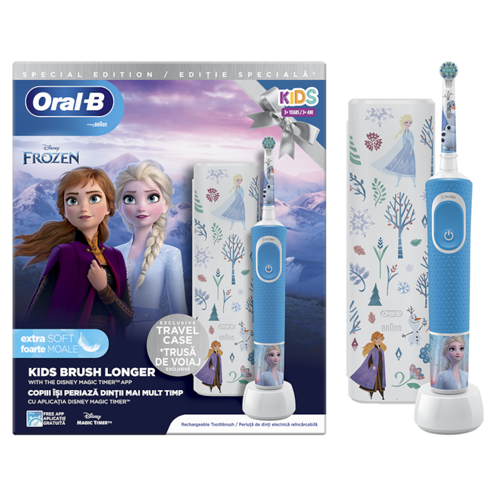 Periuta de dinti electrica Oral-B Vitality Frozen pentru copii, Curatare 2D, 2 programe, 1 capat, 4 stickere incluse, Trusa de calatorie, Albastru